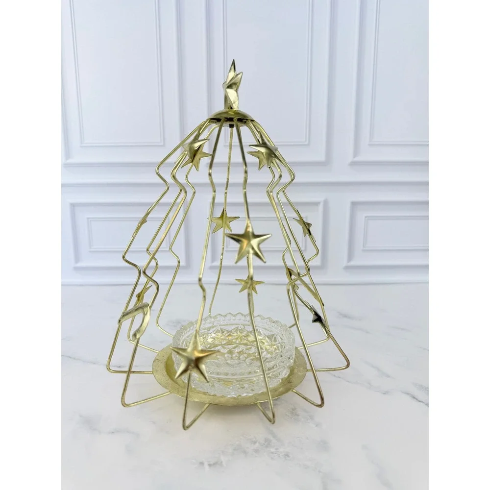 VTG‎ Brass Christmas Tree Candle Holder with Cut Crystal Insert 9 1/2